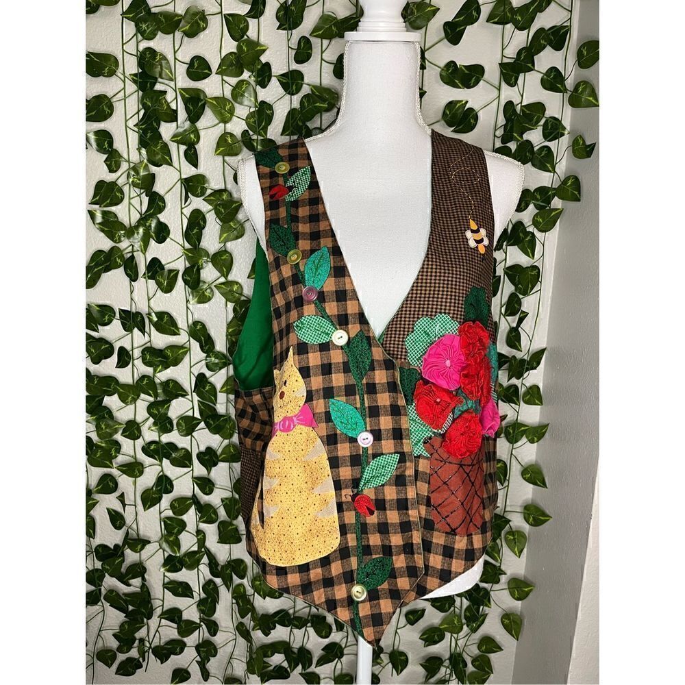 Handmade Brown Tan Checkered Patchwork Fall Cat & 3D Flowers Vest Size Large